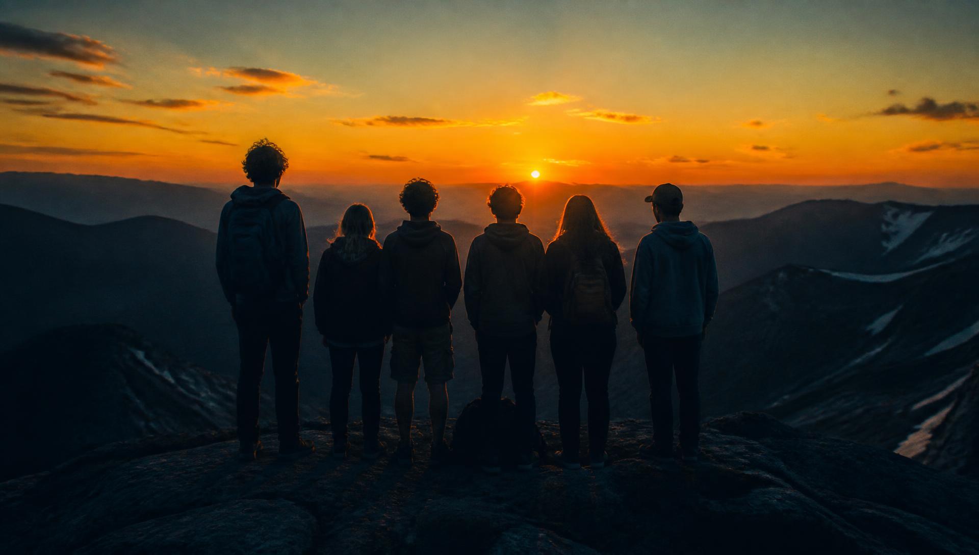 Ragazzi di spalle davanti a un ampio paesaggio di montagna al tramonto